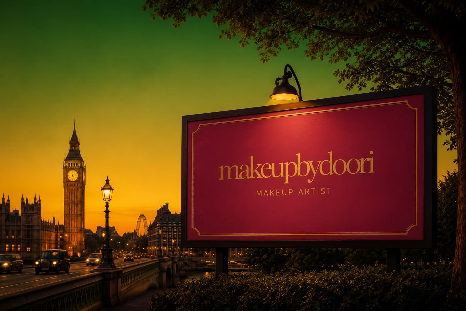 makeupbydoori billboard at sunset by Big Ben — makeup artist in Edmonton, London